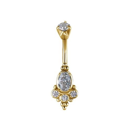Gold Steel Belly Bar - Cubic Zirconia Oval Cluster