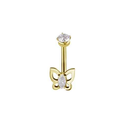 Gold Steel Internal Thread Rook Bar - Premium Zirconia Butterfly 16 Gauge - 7mm