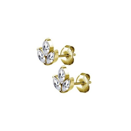 Gold Steel Ear Studs - Cubic Zirconia Marquise Cluster