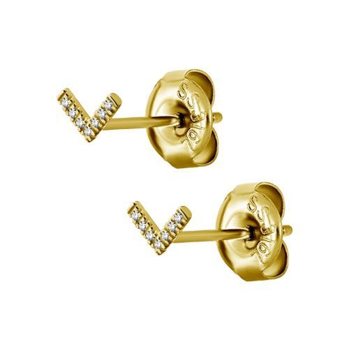 Gold Steel Ear Studs - Cubic Zirconia V Shape