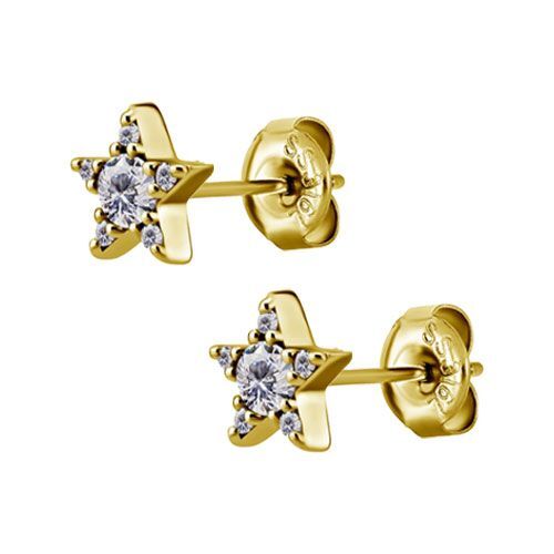 Gold Steel Ear Studs - Cubic Zirconia Star