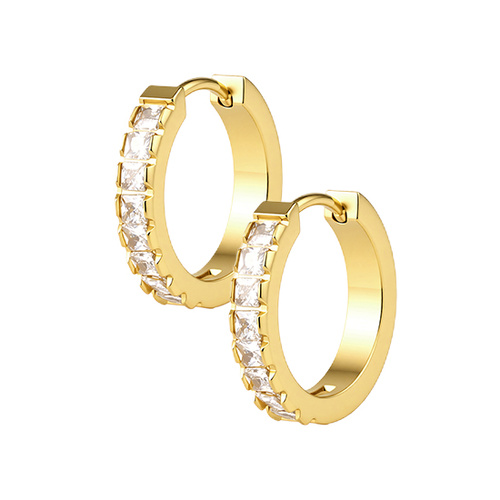 Gold Steel Hoop Earrings - Square Cubic Zirconia 20 Gauge - 10mm