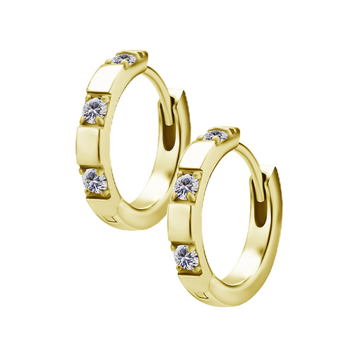 Gold Steel Hoop Earrings - Channel Set Cubic Zirconia 20 Gauge - 10mm