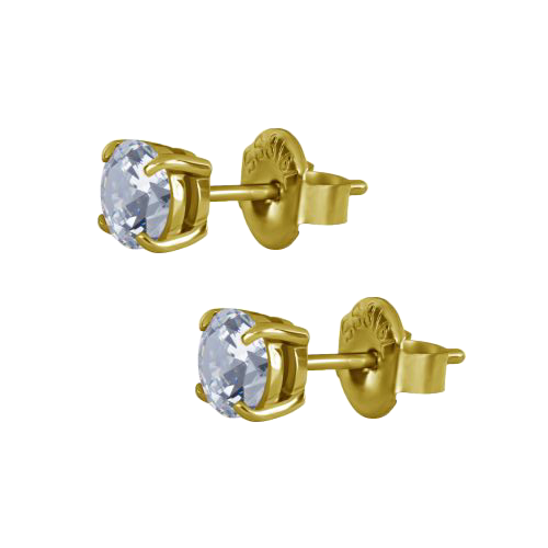 Gold Steel Ear Studs - Round Premium Zirconia