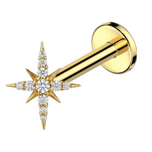 Gold Titanium - Pointed Star - Cubic Zirconia - Threadless Labret