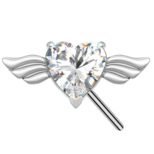 Titanium Threadless Attachment - Cubic Zirconia Heart & Wings