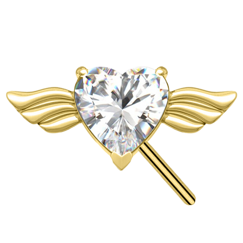 Gold Titanium Threadless Attachment - Cubic Zirconia Heart & Wings