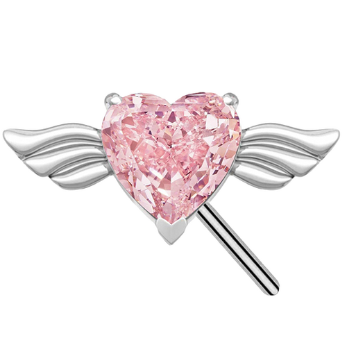 Titanium Threadless Attachment - Pink Cubic Zirconia Heart & Wings