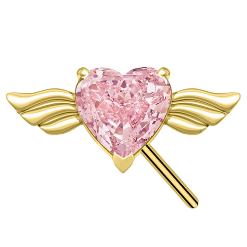 Gold Titanium Threadless Attachment - Pink Cubic Zirconia Heart & Wings