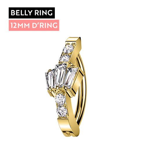 Gold Titanium Belly 'D' Ring - Triple Baguette Cubic Zirconia - 14 Gauge - 12mm