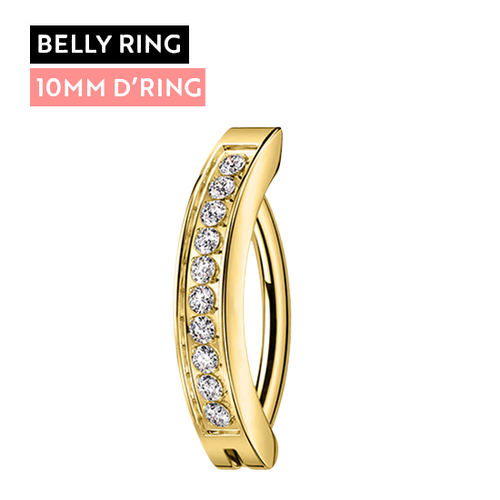 Gold Titanium Belly 'D' Ring - Channel Set Cubic Zirconia - 14 Gauge - 10mm