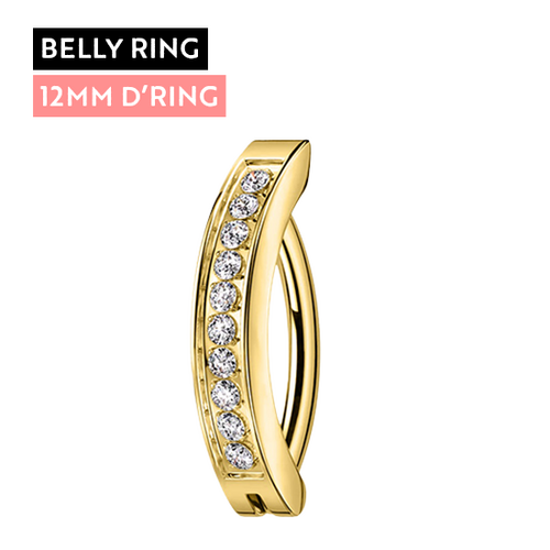 Gold Titanium Belly 'D' Ring - Channel Set Cubic Zirconia - 14 Gauge - 12mm