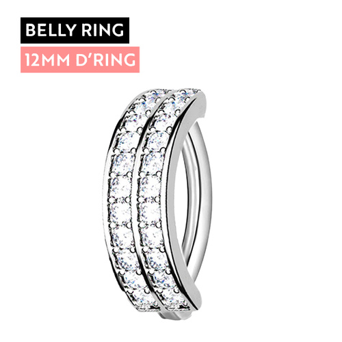 Titanium Belly 'D' Ring - Double Channel Set Cubic Zirconia - 14 Gauge - 12mm