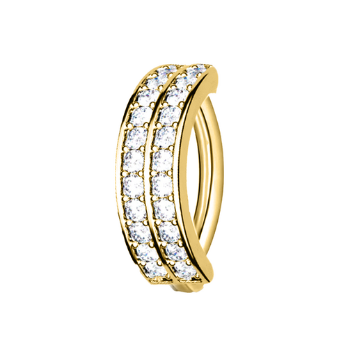 Gold Titanium Belly 'D' Ring - Double Channel Set Cubic Zirconia - 14 Gauge - 12mm