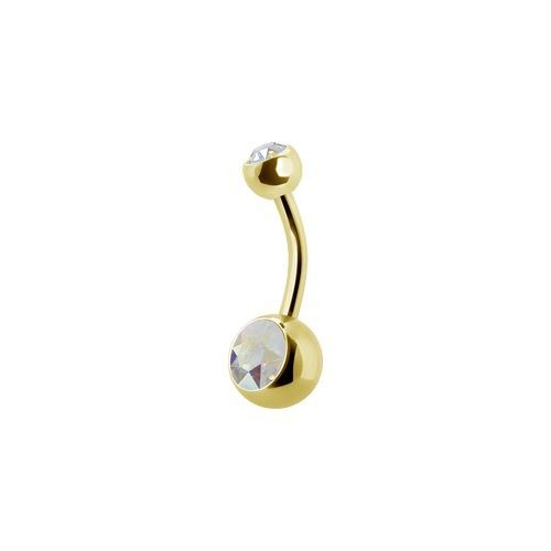Gold Titanium Double Jewelled Belly Ring - Aurora Borealis Crystal 14 Gauge - 12mm - 6mm Ball