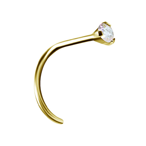 14K Gold Pigtail Nose Stud Premium Zirconia 2mm Aurora Borealis Claw Set 