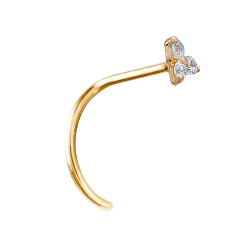 14K Gold Pigtail Nose Stud 3mm Premium Zirconia Trinity 