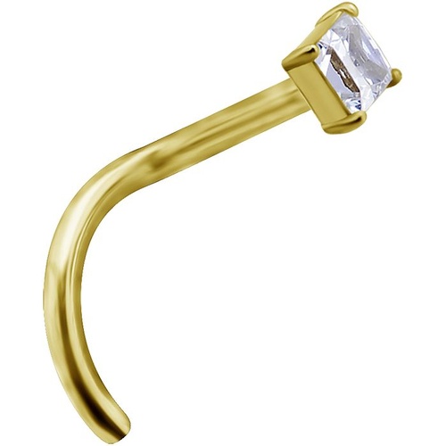 14K Gold Pigtail Nose Stud 3mm Premium Zirconia Square 