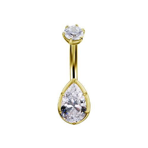 14K Gold  Internal Thread Pear Shape Premium Zirconia Belly Ring  14 Gauge - 8mm