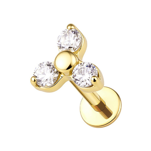 Gold Titanium 4mm Premium Zirconia Trinity - Threadless 18G - 7mm Flatback Stud