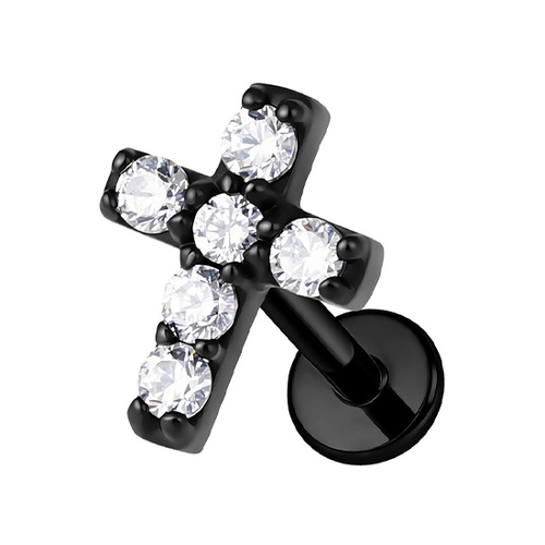Black Titanium 5mm Premium Zirconia Cross - Threadless    18G - 7mm Flatback Stud