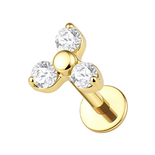 Gold Titanium 3.5mm Premium Zirconia Trinity  - Threadless 18G - 7mm Flatback Stud