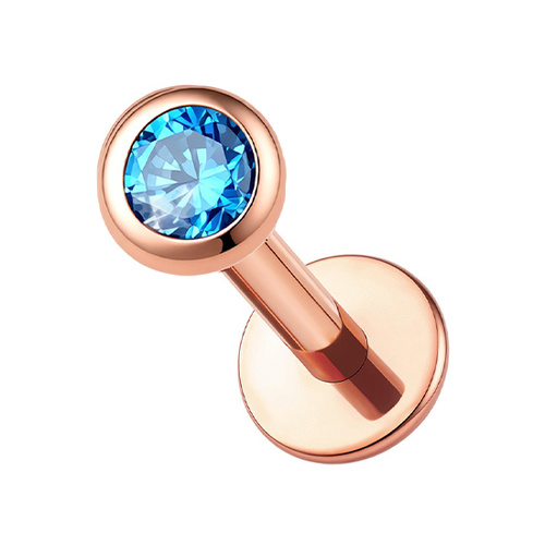 Rose Gold Titanium 3mm Aqua Premium Zirconia  - Threadless 18G - 7mm Flatback Stud