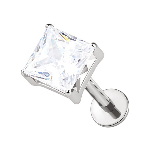 Titanium 4mm Premium Zirconia Square - Threadless 18G - 7mm Flatback Stud