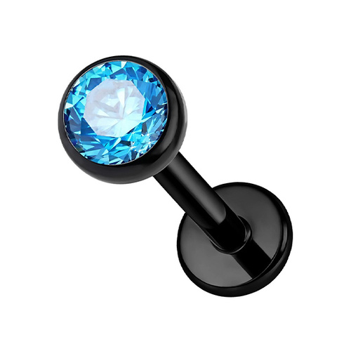 Black Titanium 3mm Aqua Prem Zirconia  - Threadless 18G - 7mm Flatback Stud
