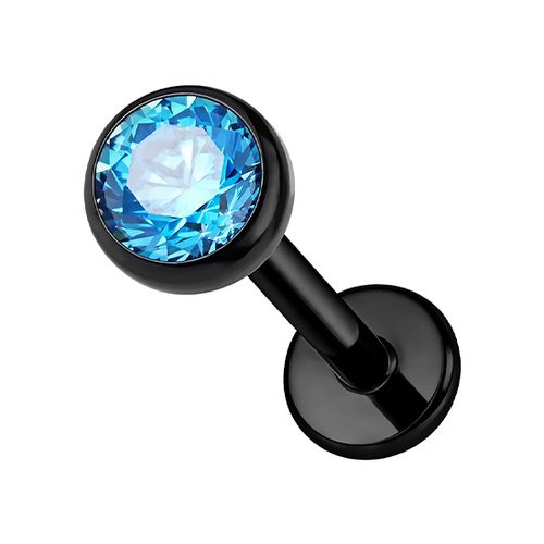 Black Titanium 4mm Aqua Prem Zirconia  - Threadless 18G - 7mm Flatback Stud