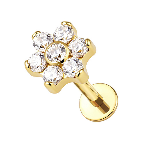 Gold Titanium 4mm Premium Zirconia Flower - Threadless 18G - 7mm Flatback Stud