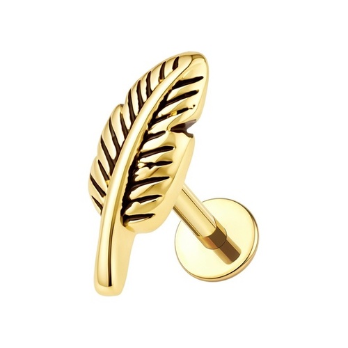 Gold Titanium 6mm Feather Left  - Threadless 18G - 7mm Flatback Stud