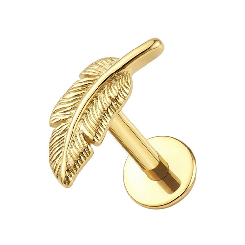 Gold Titanium 6mm Feather Right  - Threadless 18G - 7mm Flatback Stud