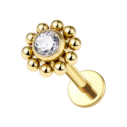 Gold Titanium Premium Zirconia 4mm Ball Flower Cluster - Threadless 18G - 7mm Post