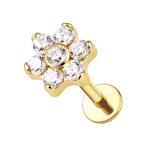 Gold Titanium 5mm Premium Zirconia Flower - Threadless 18G - 7mm Flatback Stud