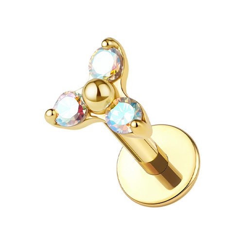 Gold Titanium Aurora Borealis 2.5mm Prem Zirconia Trinity - Threadless 18G - 7mm Flatback Stud