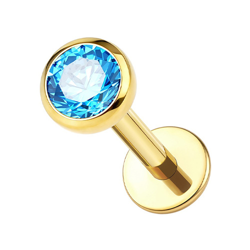 Gold Titanium 3mm Aqua Premium Zirconia - Threadless 18G - 7mm Flatback Stud