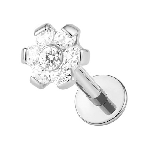  Titanium Flower Cubic Zirconia - Threadless 18G - 7mm Flatback Stud 