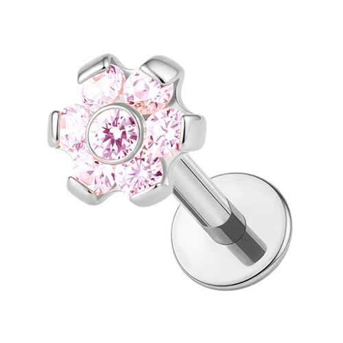  Titanium Flower Pink Cubic Zirconia - Threadless 18G - 7mm Flatback Stud 