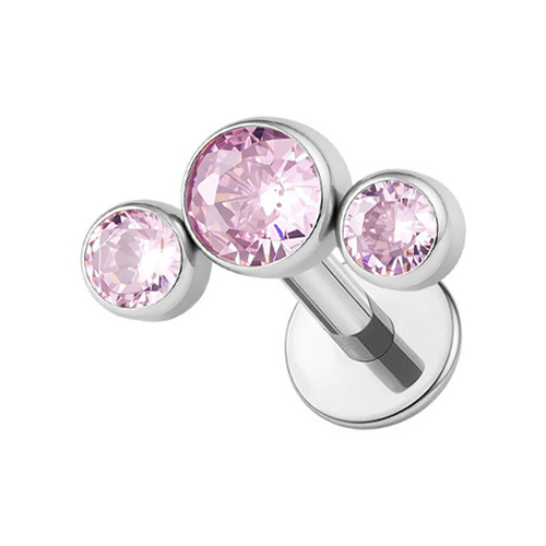  Titanium Bezel Set Trio Pink Cubic Zirconia - Threadless 18G - 7mm Flatback Stud 