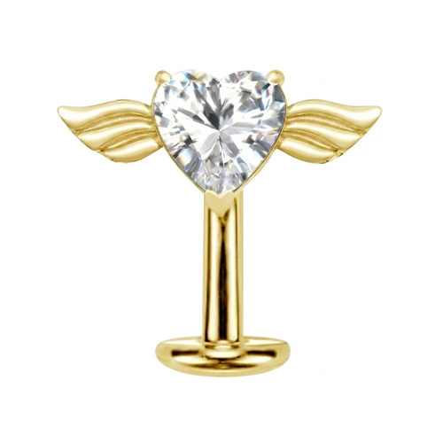 Gold Titanium Heart & Wings Cubic Zirconia -Threadless 14G - 10mm Floating Navel