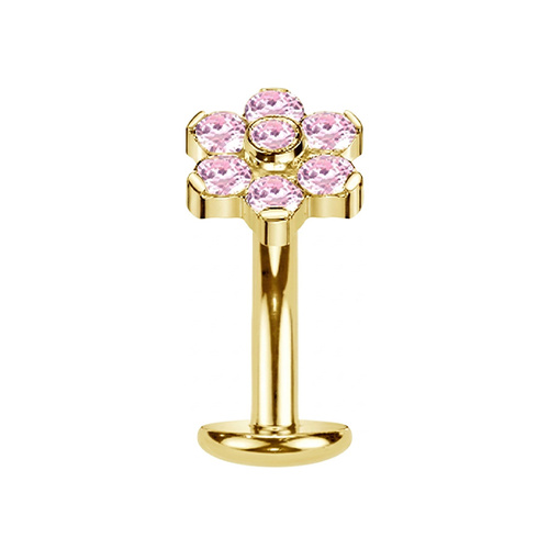 Gold Titanium Flower Pink Cubic Zirconia - Threadless 14G - 10mm Floating Navel