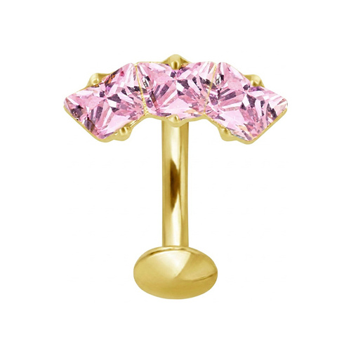 Gold Titanium Square Trio Pink Cubic Zirconia - Threadless 14G - 10mm Floating Navel