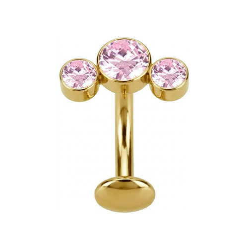 Gold Titanium Bezel Set Trio Pink Cubic Zirconia - Threadless 14G - 10mm Floating Navel