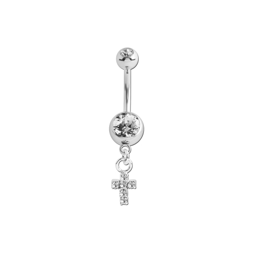 Surgical Steel Belly Ring - Crystal Jewelled Cross Jewellery Charm 14 Gauge - 10mm