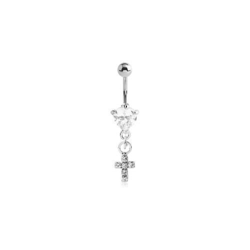 Surgical Steel Belly Ring - Jewelled Heart and Cross 14 Gauge - 10mm