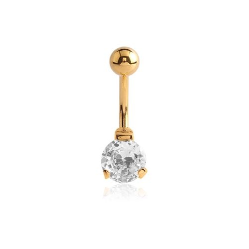 Gold Steel Double Jewelled Belly Ring - Round Cubic Zirconia 14 Gauge - 10mm