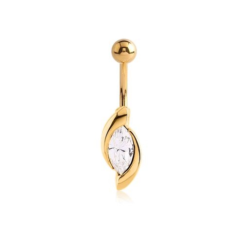 Gold Steel Double Jewelled Belly Ring - Marquise Wrapped Crystal 14 Gauge - 10mm