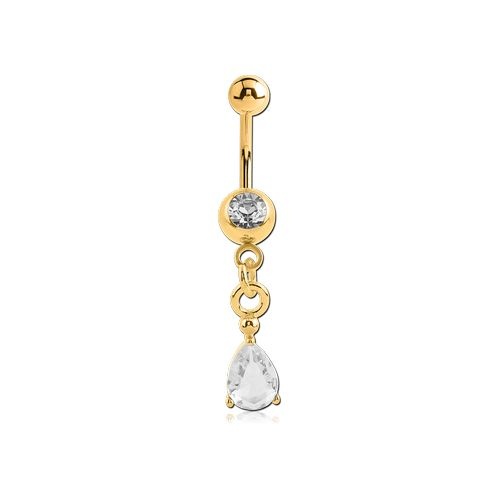 Gold Steel Double Jewelled Belly Bar - Premium Crystal Pear Charm 14 Gauge - 10mm