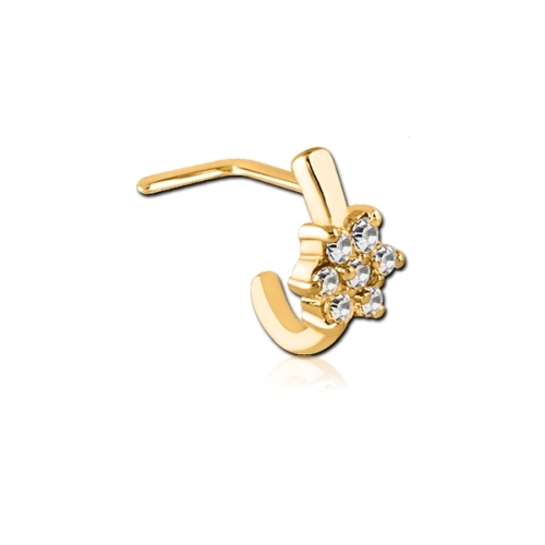 Gold Steel L-Shape Wrap Around Nose Stud - Crystal Flower